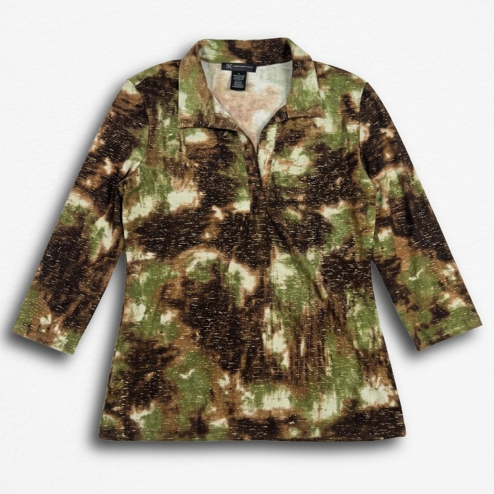 INC International Concepts Green‎ Brown Tie Dye Metallic 3/4 Sleeve Top